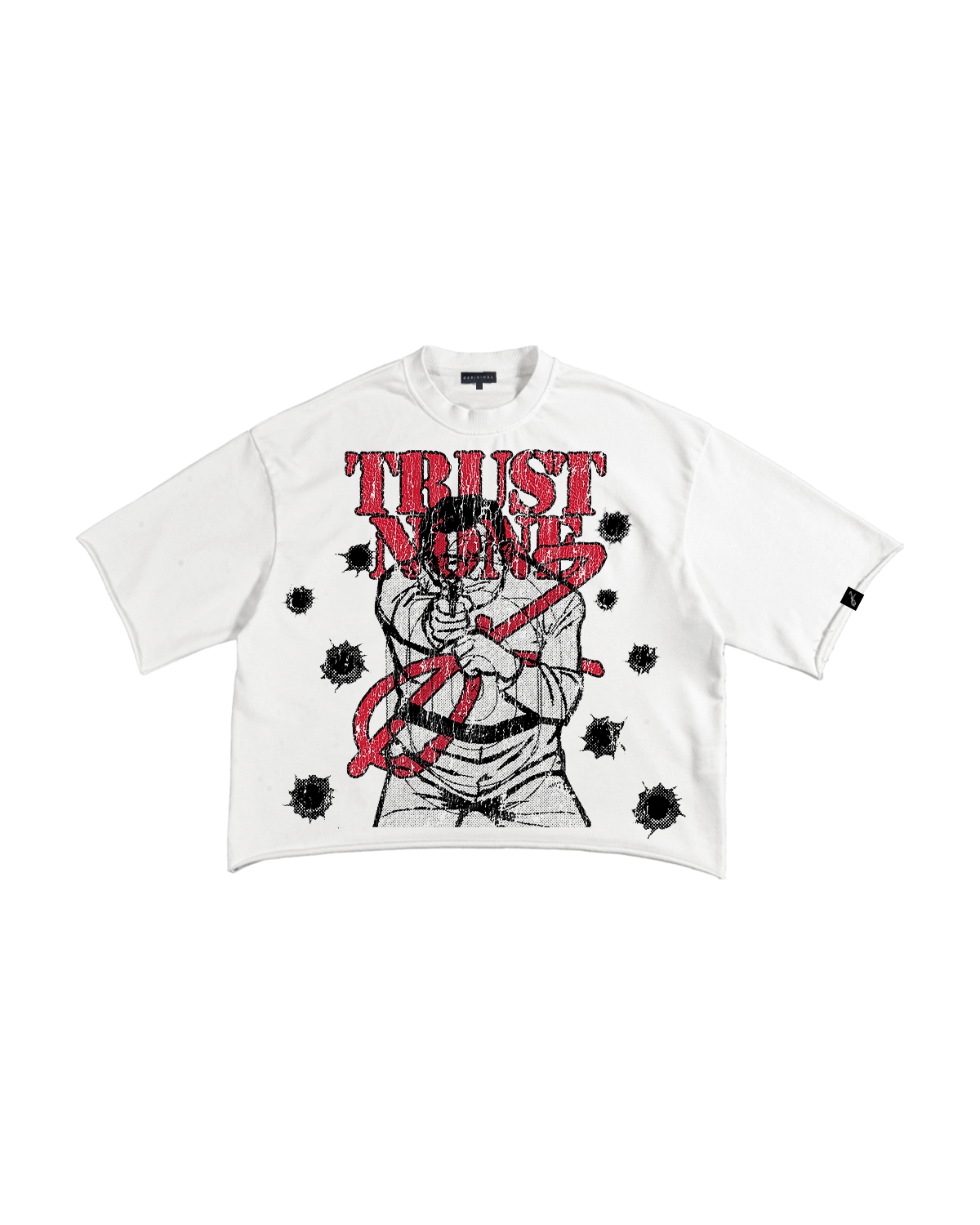 TRUST NONE RAW HEM CUT TEE (White)